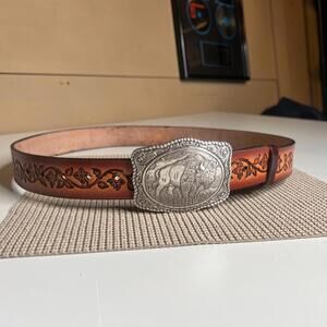 Vintage Crumrine Western Leather Belt Buffalo Buckle Floral Tooled Brown Men 38